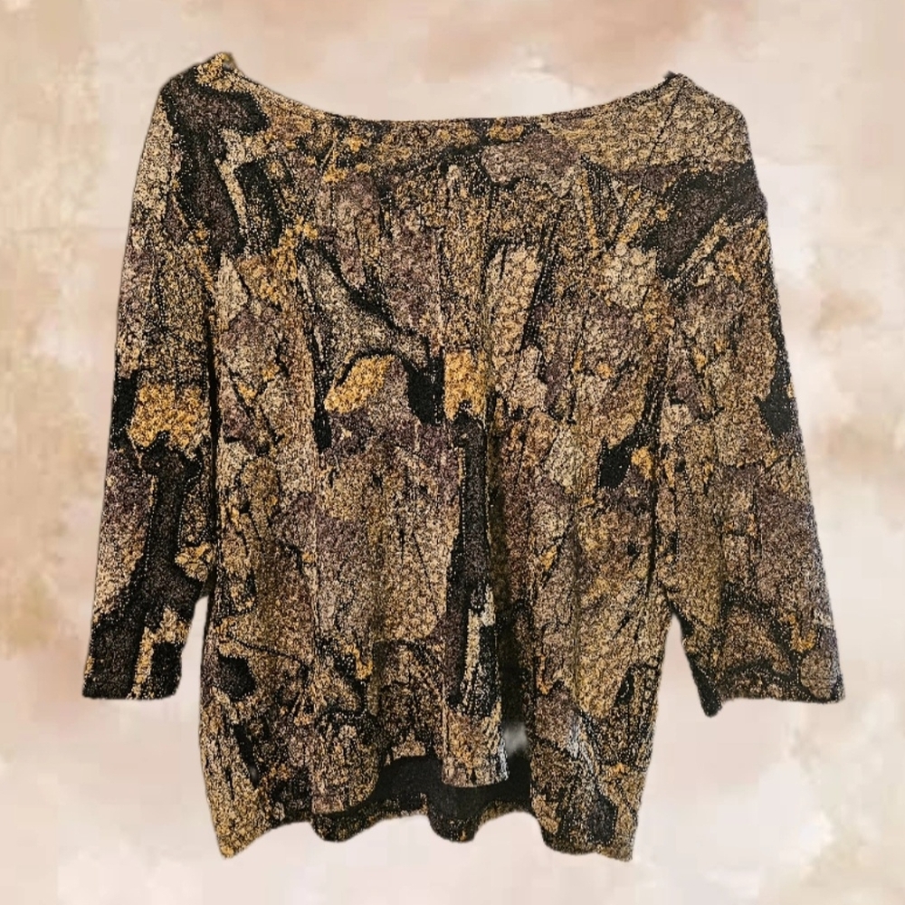 Timbuktu Station Women's Top with Black and Gold Pattern (Size 1= S/M)